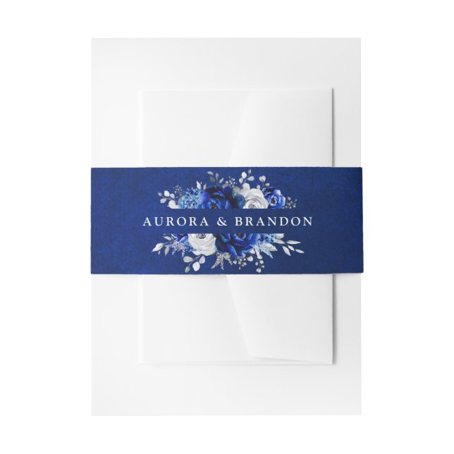 Bandeau De Faire-part Royal Bleu Blanc Argent Mariage Floral Métallique  (Devant example)