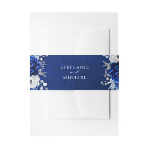 Bandeau De Faire-part Royal Bleu Blanc Argent Métallo Mariage Floral