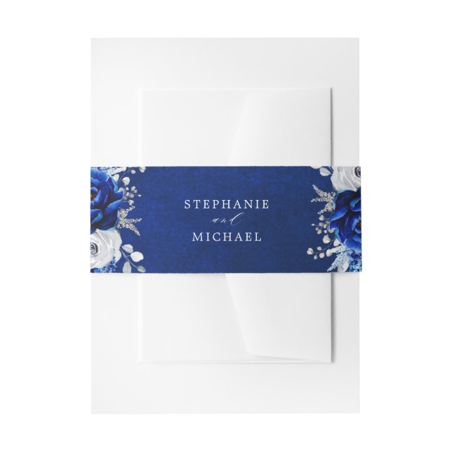 Bandeau De Faire-part Royal Bleu Blanc Argent Métallo Mariage Floral (Devant example)