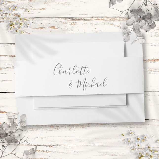 Bandeau De Faire-part Script De Signature Gris Et Blanc Simple (Simple Gray And White Signature Script Invitation Belly Band)