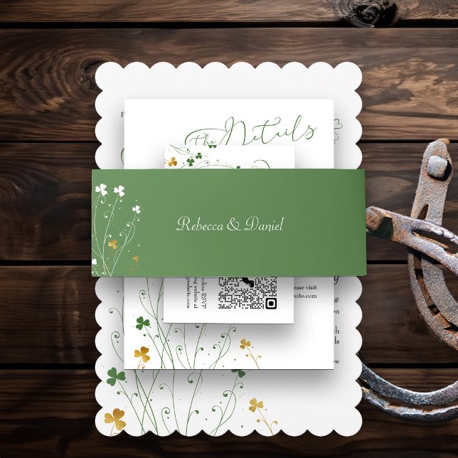 Bandeau De Faire-part Shamrock irlandais élégant Mariage d'or vert (Wedding Invitation belly band from my Shamrock Wildflower wedding collection)