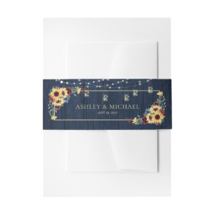 Bandeau De Faire-part Sunflower Navy Bleu Bourgogne Bois Mariage Floral