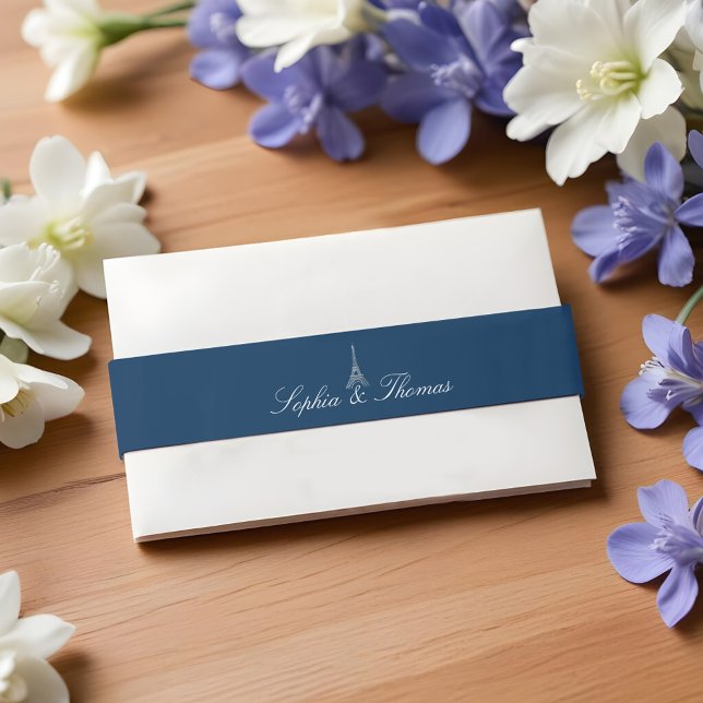 Bandeau De Faire-part Tour Eiffel Monogram Marine Mariage d'argent (Paris Eiffel Tower Monogram Navy Silver Wedding Invitation Belly Band)
