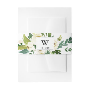 Bandeau De Faire-part Vert Blanc Automne Floral Monogramme Mariage