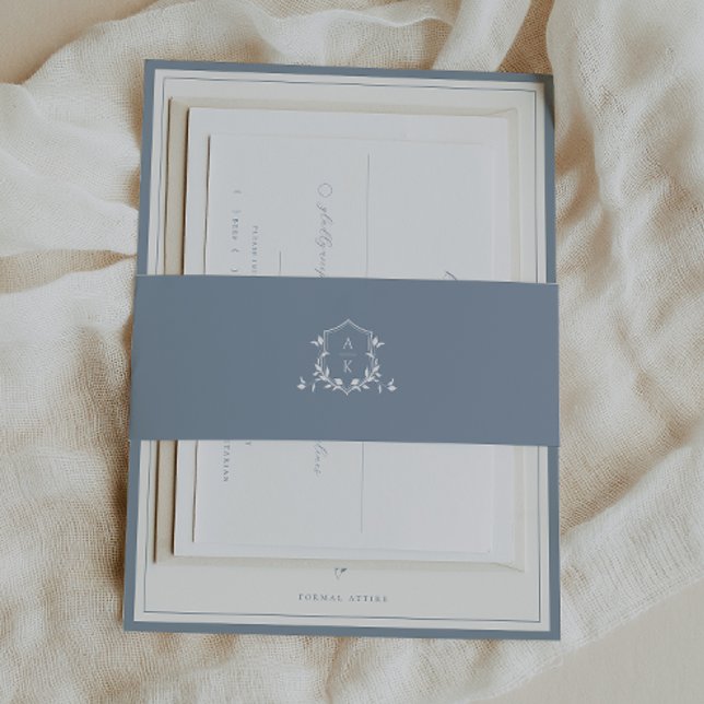 Bandeau De Faire-part Vins intemporels Monogram Crest Dusty Blue (Créateur téléchargé)