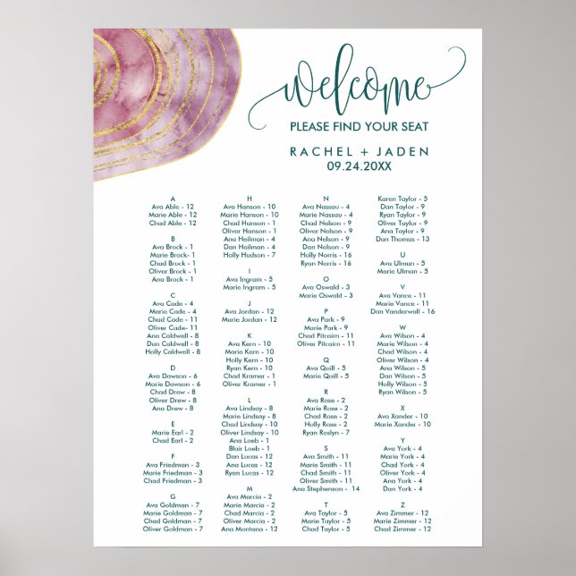 Banded Gemstone Mauve Alphabetical Seating Chart (Front)