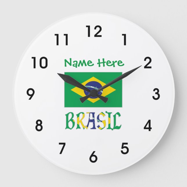Bandeira do Brasil e Brasil Come o Nome Large Clock (Front)