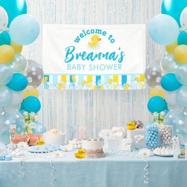 Banderole de bienvenue suspendue pour Baby Shower  (Boy Rubber Duck Baby Shower Vinyl Welcome Hanging Banner in White)
