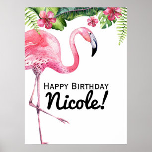 Banderole Poster Tropical Flamant Rose & Hibiscus