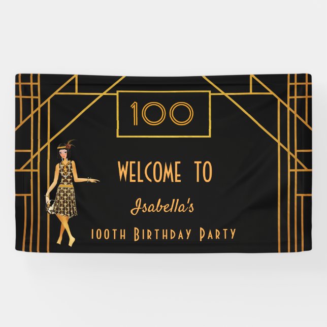 Banderoles 100e anniversaire or noir 1920's art déco (Horizontal)