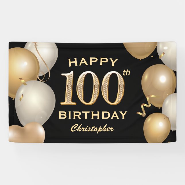 Banderoles 100e fête d'anniversaire Ballons Noir et Or (Horizontal)