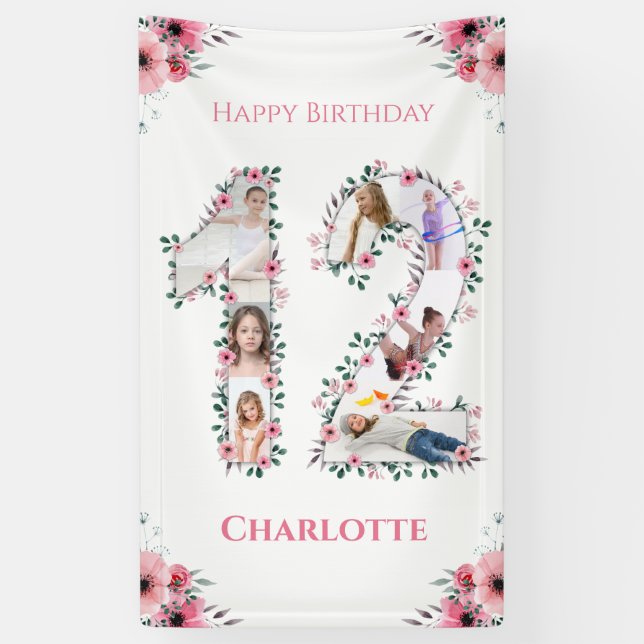 Banderoles 12e anniversaire Photo Collage Fille Fleur Rose Bl (Vertical)