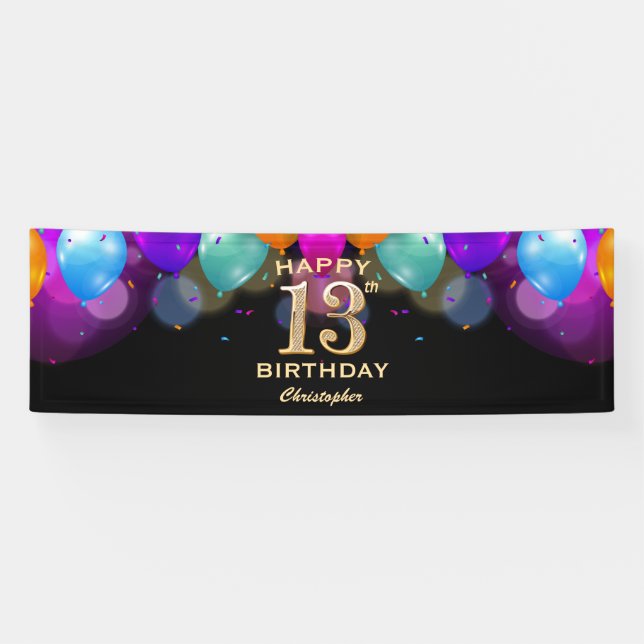Banderoles 13e anniversaire de la fête Ballons Noir et Or (Horizontal)