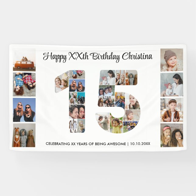 Banderoles 15e anniversaire de fête Numéro 15 Photo Collage (Horizontal)