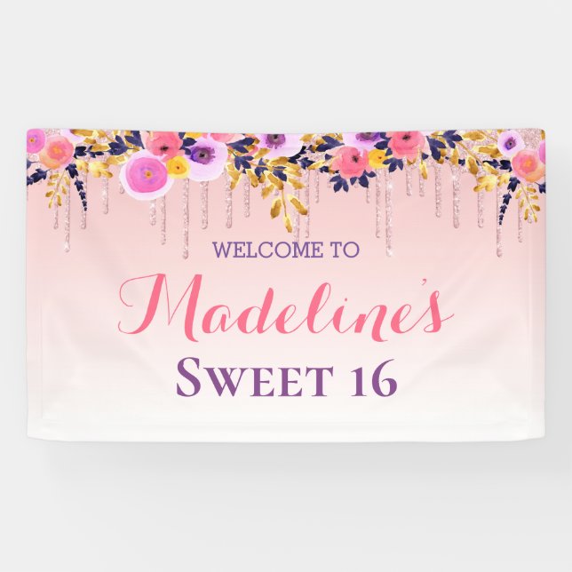 Banderoles 16 ans | Parties scintillant de séchage floral ros (Horizontal)