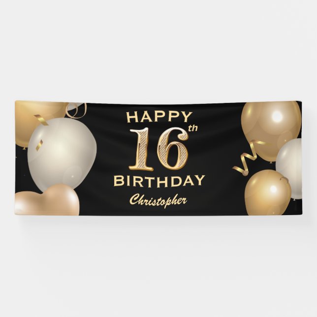 Banderoles 16e fête d'anniversaire Ballons noirs et or (Horizontal)