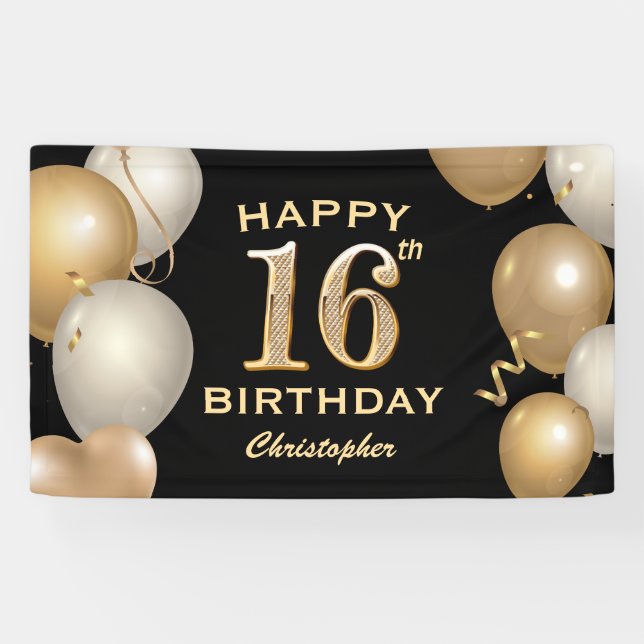 Banderoles 16e fête d'anniversaire Ballons noirs et or (Horizontal)