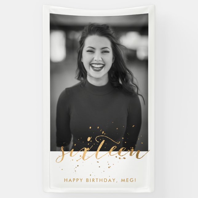 Banderoles 16ème Sweet sixteen Anniversaire Photo Gold Confet (Vertical)