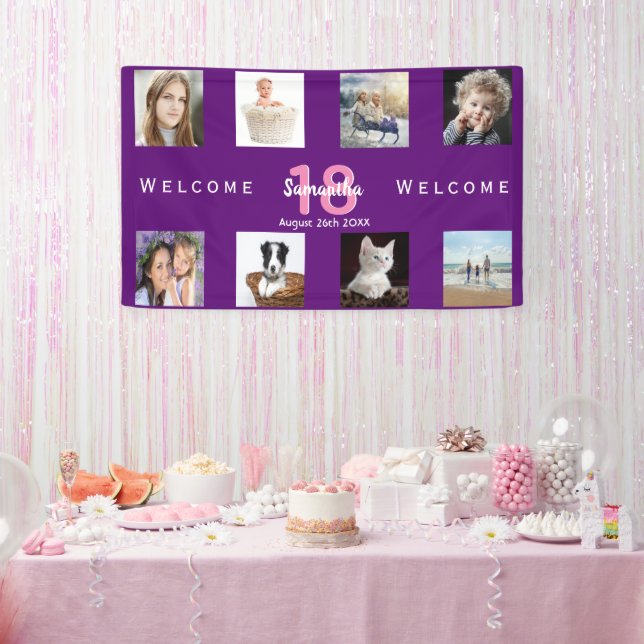 Banderoles 18e anniversaire fête photo collage fille violet (Fête)