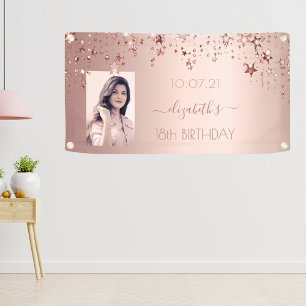 Banderoles 18e anniversaire photo rose or rose glittery stars