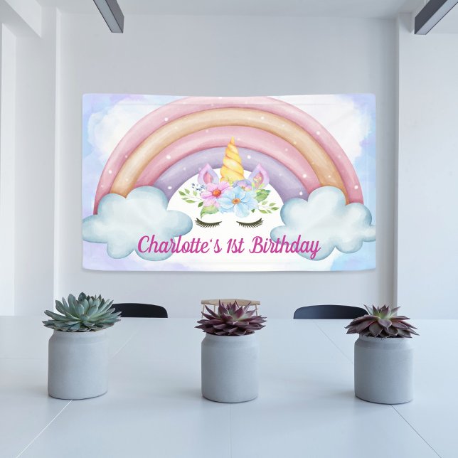 Banderoles 1er anniversaire aquarelle Floral Unicorn Party (Créateur téléchargé)