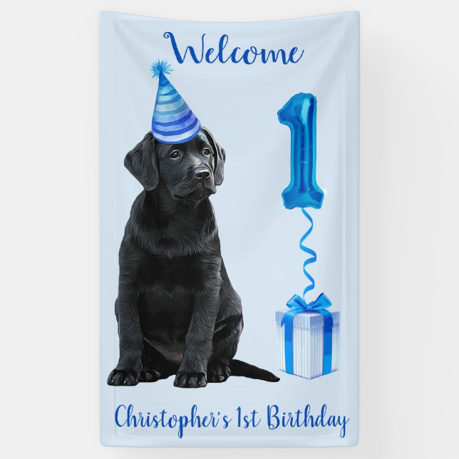 Banderoles 1er Anniversaire Chiot Thème - Chien bleu mignon G (Vertical)
