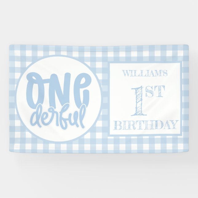 Banderoles 1er anniversaire fête mignonne Pastel Blue Onederf (Horizontal)