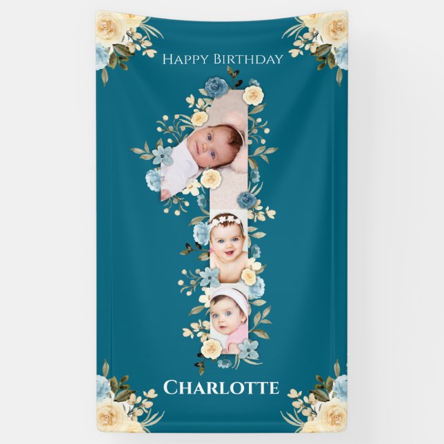 Banderoles 1er anniversaire Fleur Turquoise photo Collage ble (Vertical)