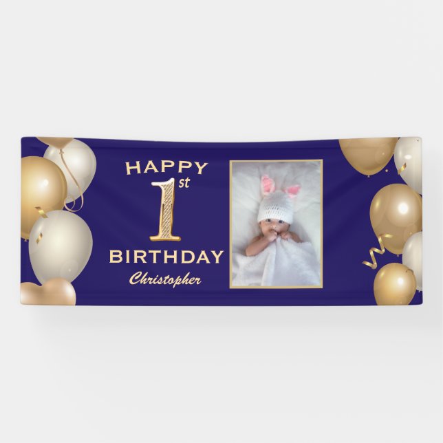 Banderoles 1er Anniversaire Marine Bleu et Ballons d'or (Horizontal)