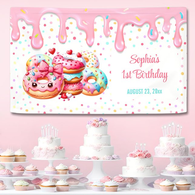 Banderoles 1er Anniversaire Sweet One mignonne Donut Rose Gir (1st Birthday Sweet One Cute Donut Pink Girl Party Banner)