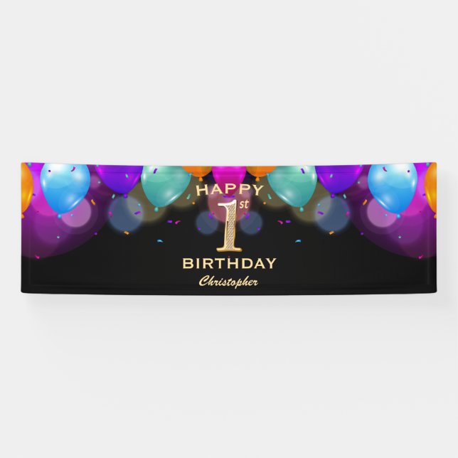 Banderoles 1ère fête d'anniversaire Ballons noirs et or (Horizontal)
