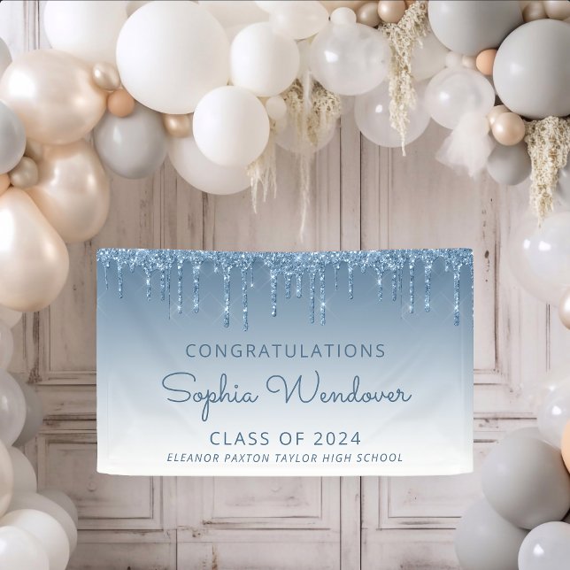 Banderoles 2024 Chic Blue Parties scintillant Drip Graduation (Créateur téléchargé)