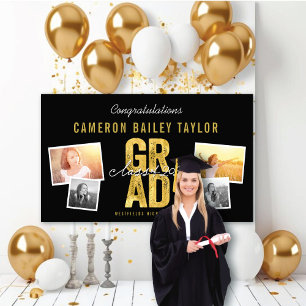 Banderoles 2025 Bold Gold Foil GRAD 4 Photo Graduation Party