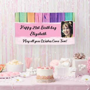 Banderoles 21e anniversaire licorne couleurs nom photo rose