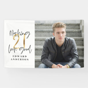 Banderoles 21e anniversaire moderne noir et or photo collage