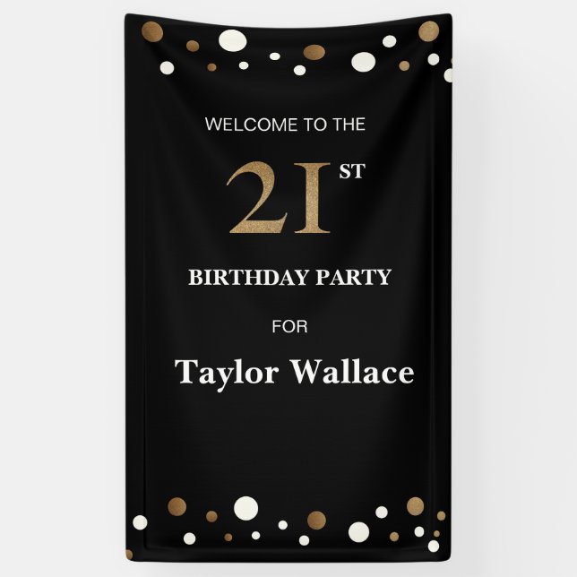 Banderoles 21e anniversaire personnalisé Points or et noir (Vertical)