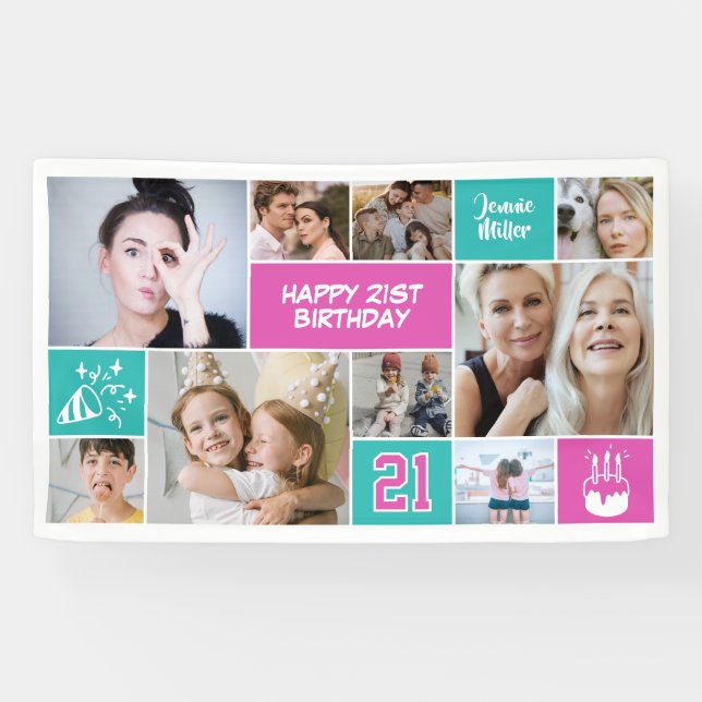 Banderoles 21st Birthday Custom Photo Collage Aqua Pink (Horizontal)