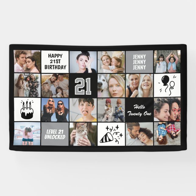 Banderoles 21st Birthday Photo Collage Custom Black White (Horizontal)