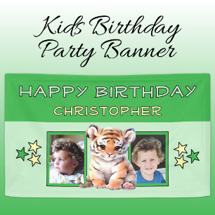 Banderoles 2 photos anniversaire tigre nom enfants fête verte