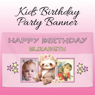 Banderoles 2 photos sloth birthday name kids pink party