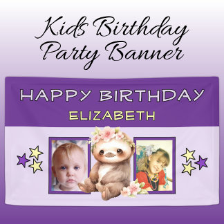Banderoles 2 photos sloth birthday name kids purple party