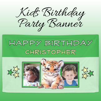 Banderoles 2 photos tiger birthday name kids green party