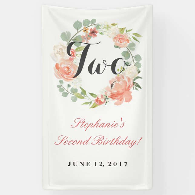 Banderoles 2e anniversaire rose fleurie couronne deux bannièr (Vertical)