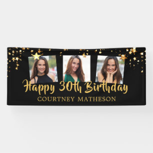 Banderoles 30e anniversaire Black Gold Stars Photo personnali