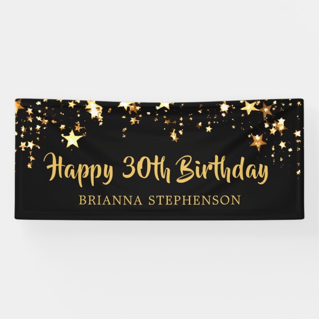 Banderoles 30e anniversaire Brush Script Black Gold Stars (Horizontal)