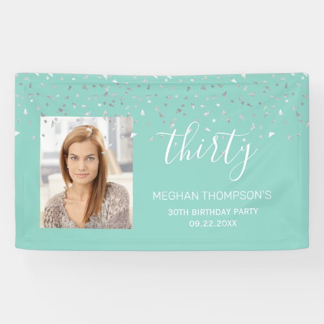 Banderoles 30e anniversaire Mint Green Silver Confetti Photo (Horizontal)