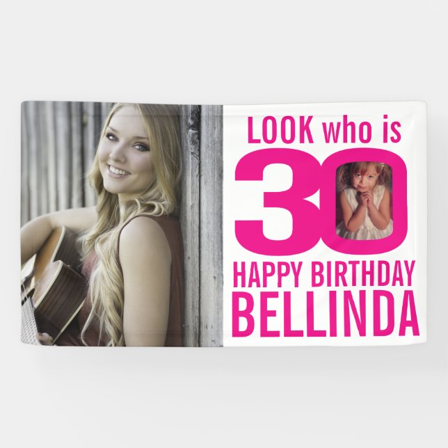 Banderoles 30e anniversaire rose look 30 photos personnalisée (Horizontal)