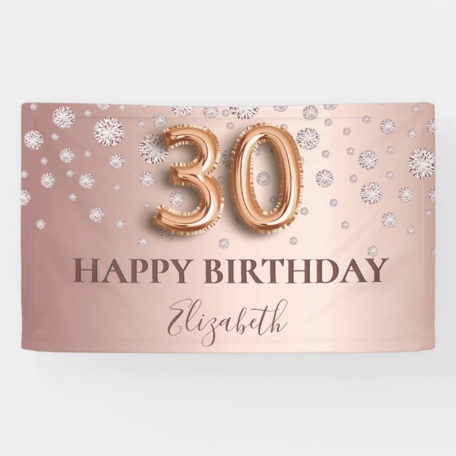 Banderoles 30e anniversaire rose or diamants script de ballon (Horizontal)