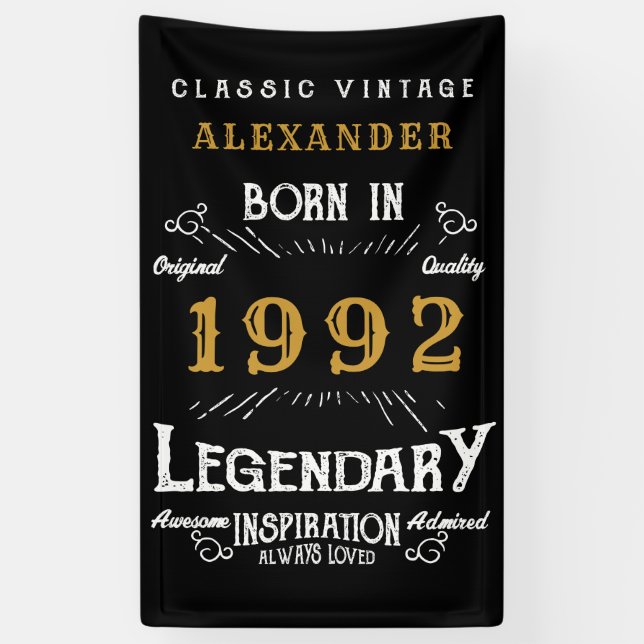 Banderoles 30th Birthday 1992 Ajouter le nom Black Gold Legen (Vertical)