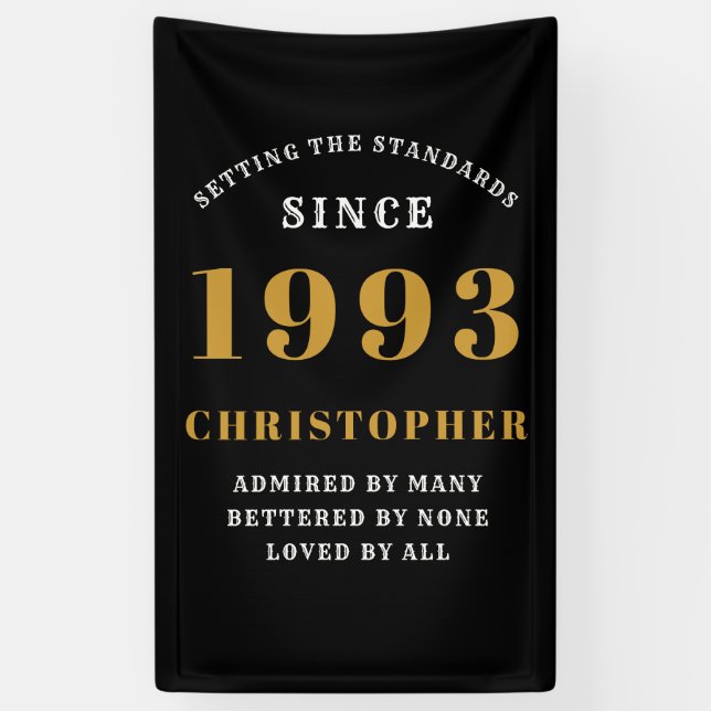 Banderoles 30th Birthday Born 1993 Ajouter Nom Black Gold (Vertical)